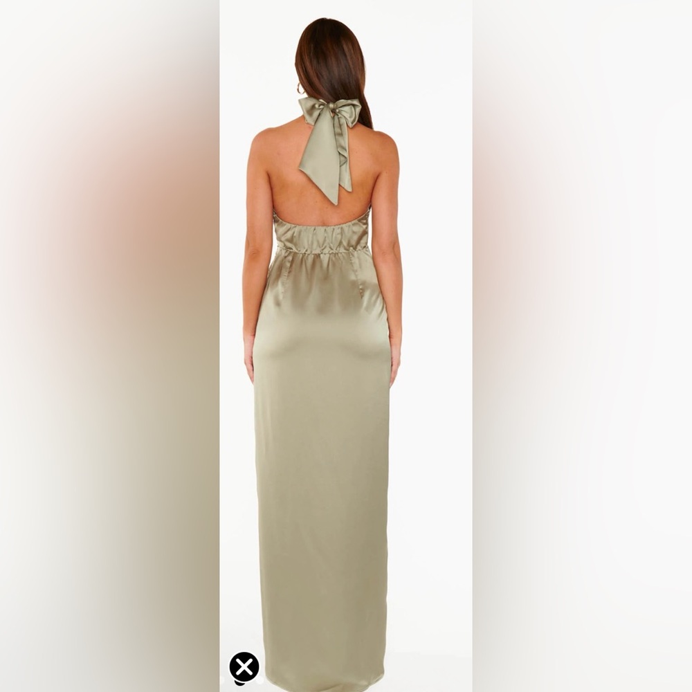 Show Me Your Mumu Adele Halter Maxi Dress Moss Green Satin | Size S - Picture 10 of 17